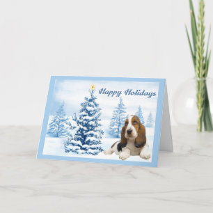 Basset Hound Carte de Noël Arbre bleu