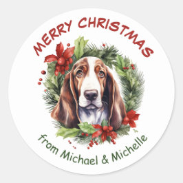 Basset Hound Christmas Poinsettia Wreath Runder Aufkleber