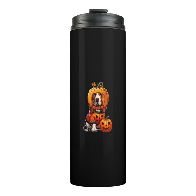 Basset Hound Cosplay Horror Carved Pumpkin Hallowe Thermosbecher (Vorderseite)