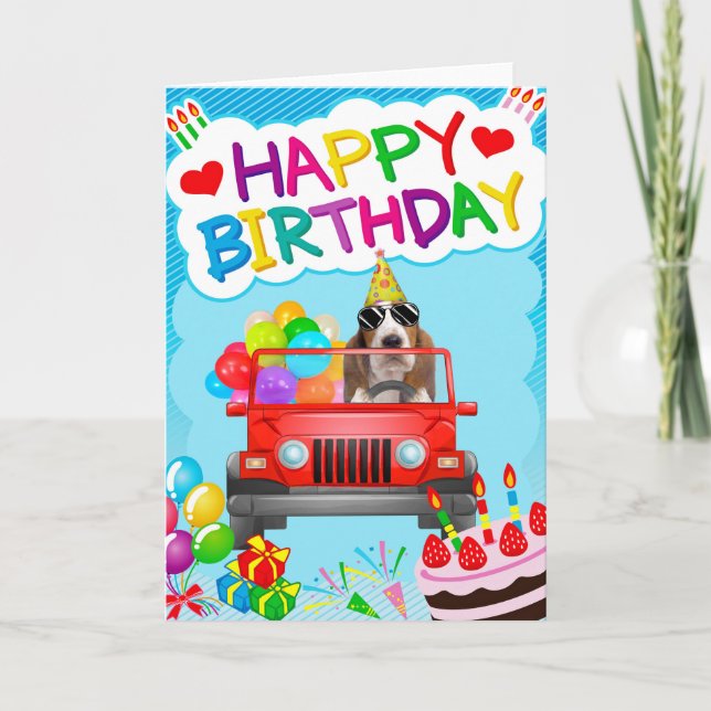 Basset Hound Dog Driving with Balloon Karte (Vorderseite)