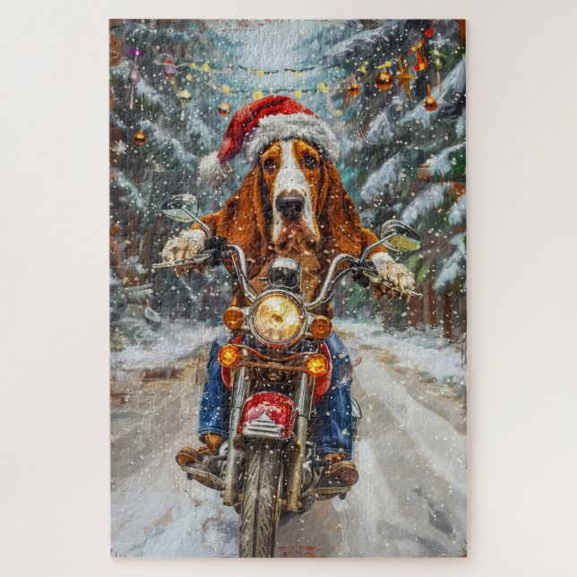 Basset Hound Dog Riding Motorrad Weihnachten (Vertikal)