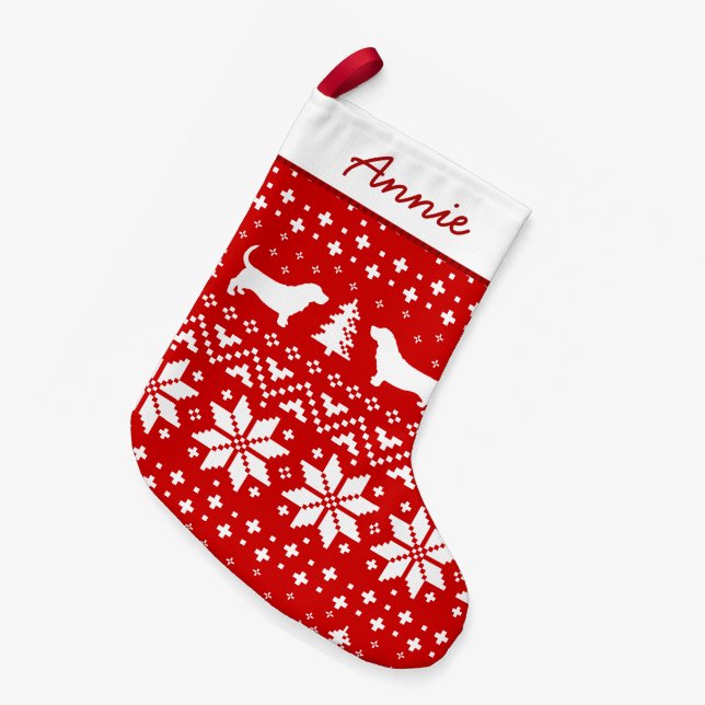 Basset Hound Dog Silhouettes Holiday Pattern Cute Kleiner Weihnachtsstrumpf (Vorderansicht (hängend))