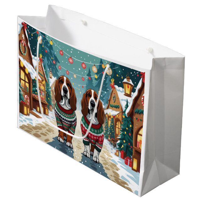 Basset Hound Dogs Christmas Snow Holiday Große Geschenktüte (Vorderseite Schrägansicht)