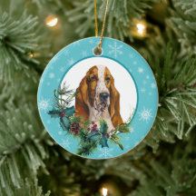 Basset Hound Evergreen Blue Snowflake Border