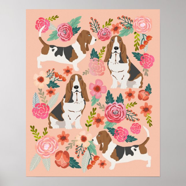 Basset Hound Florals - Dog Art Poster (Vorne)