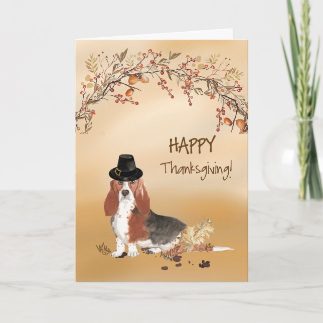 Basset Hound Funny Pilgrim Hat Erntedank Karte (Vorderseite)