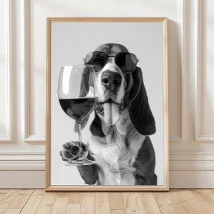 Basset Hound hält Wein Wandkunst, Schwarz und Weiß Poster