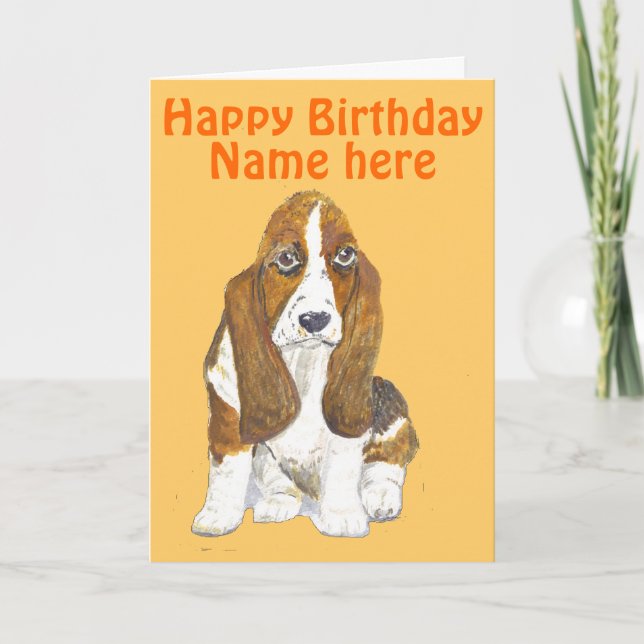 Basset Hound Happy Birthday, Name vorne hinzufügen Karte (Vorderseite)
