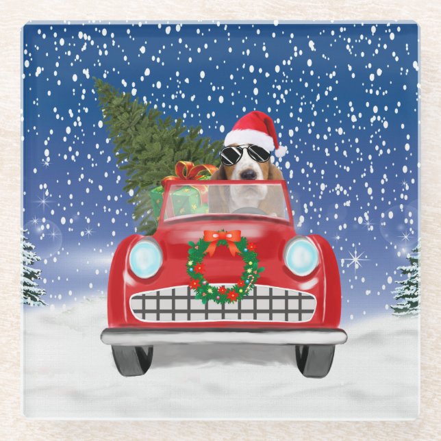 Basset Hound Hund Auto fahren im Schnee Weihnachte Glasuntersetzer (Vorderseite)