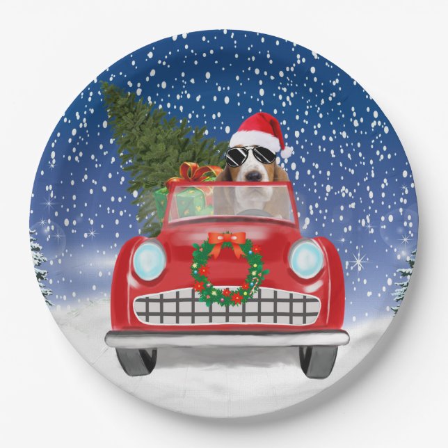 Basset Hound Hund Auto fahren im Schnee Weihnachte Pappteller (Vorderseite)