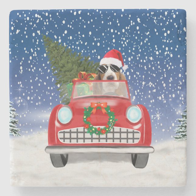 Basset Hound Hund Auto fahren im Schnee Weihnachte Steinuntersetzer (Vorderseite)