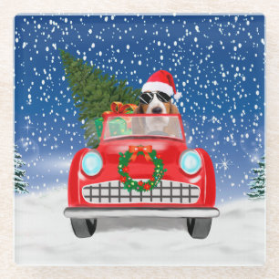 Basset Hound Hund fährt Auto im Schnee Weihnachten Glasuntersetzer