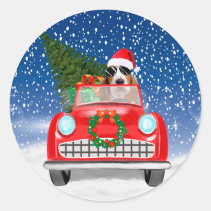 Basset Hound Hund fährt Auto im Schnee Weihnachten Runder Aufkleber