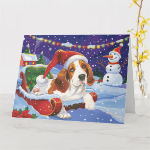 Basset Hound Hund im Schlitten Schnee Weihnachten Karte