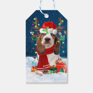 Basset Hound Hund im Schnee mit Weihnachtsgeschenk Geschenkanhänger