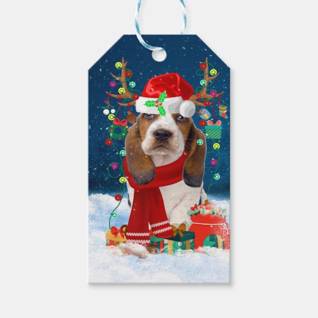 Basset Hound Hund im Schnee mit Weihnachtsgeschenk Geschenkanhänger (Vorderseite)