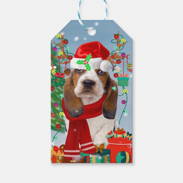Basset Hound Hund im Schnee mit Weihnachtsgeschenk Geschenkanhänger (Vorderseite)