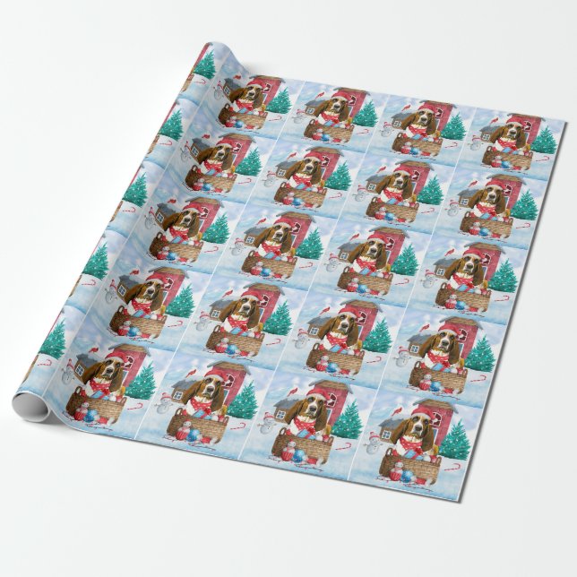 Basset Hound Hund im Schnee Weihnachtshaus Geschenkpapier (Ungerollt)