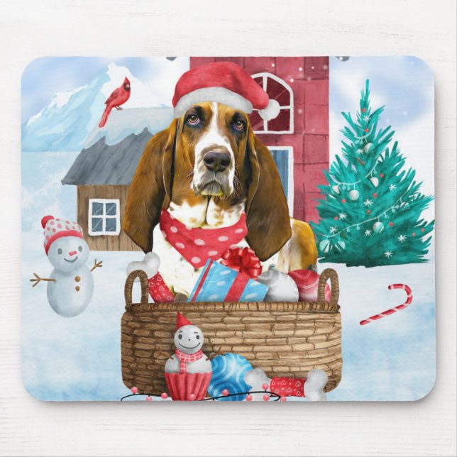 Basset Hound Hund im Schnee Weihnachtshaus Mousepad (Vorne)
