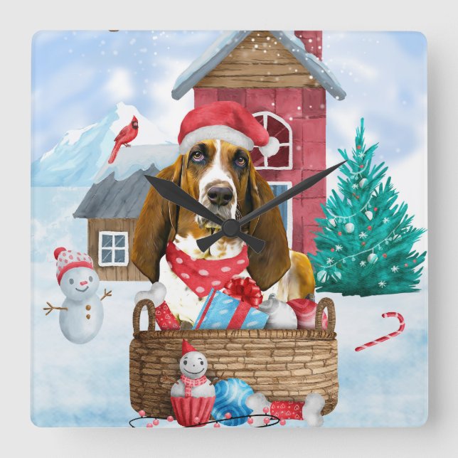 Basset Hound Hund im Schnee Weihnachtshaus Quadratische Wanduhr (Vorderseite)
