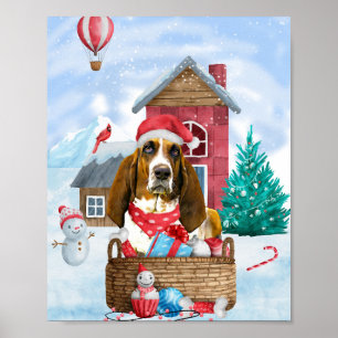 Basset Hound Hund im Schnee Weihnachtshundhaus Poster