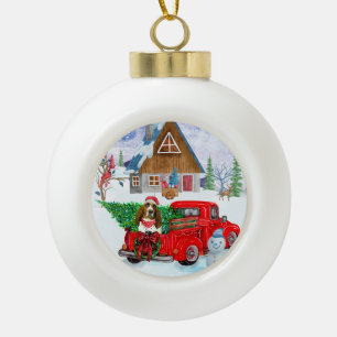 Basset Hound Hund im Weihnachtslieferwagen Schnee Keramik Kugel-Ornament