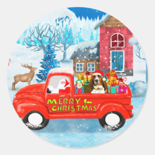 Basset Hound Hund im Weihnachtslieferwagen Schnee Runder Aufkleber