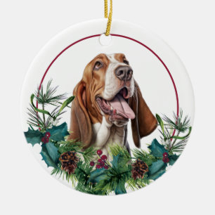 Basset Hound Hund Immergrüner Kranz Keramik Ornament