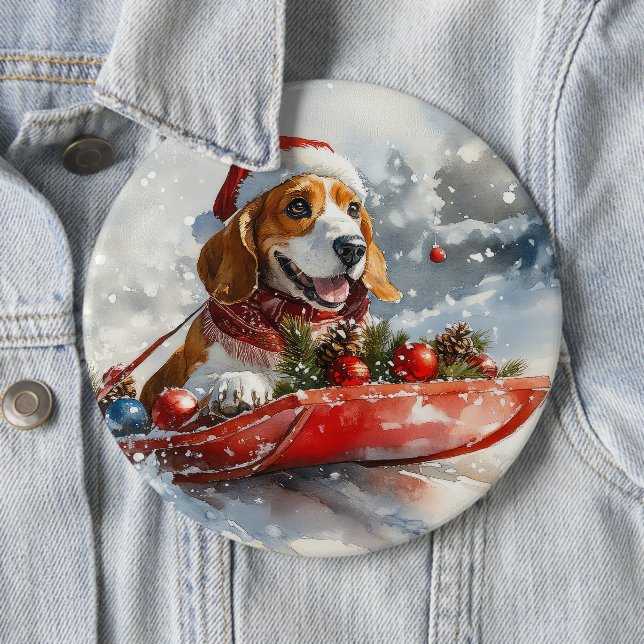 Basset Hound Hund in Sledge Lass es Schnee Weihnac Button (Beispiel)