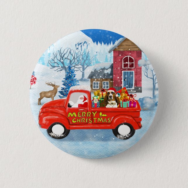 Basset Hound Hund in Weihnachten Lieferung LKW Sch Button (Vorderseite)