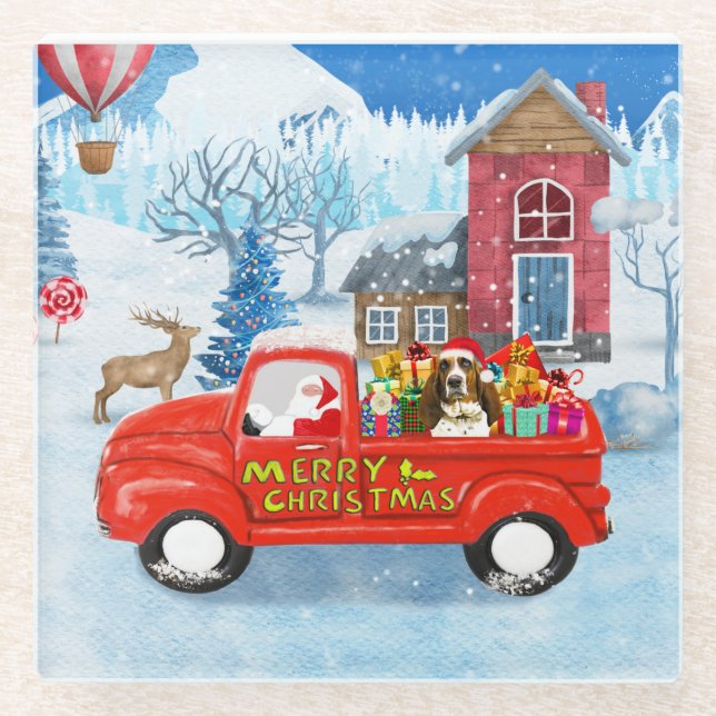 Basset Hound Hund in Weihnachten Lieferung LKW Sch Glasuntersetzer (Vorderseite)