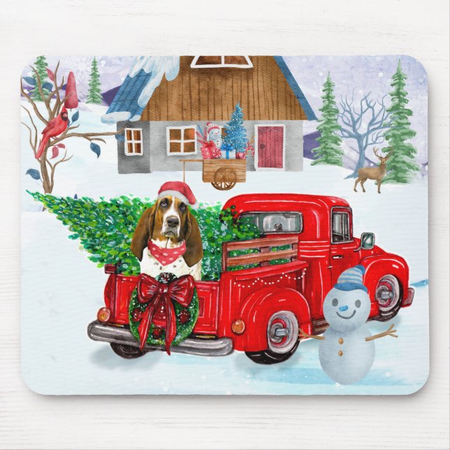 Basset Hound Hund in Weihnachten LKW Schnee Mousepad (Vorne)