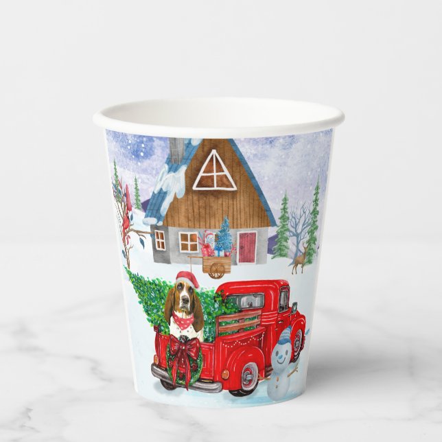 Basset Hound Hund in Weihnachten LKW Schnee Pappbecher (Vorderseite)