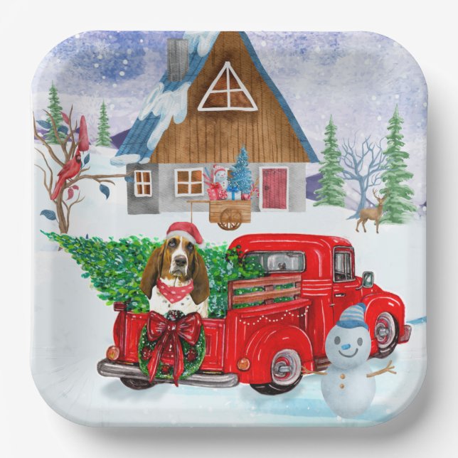 Basset Hound Hund in Weihnachten LKW Schnee Pappteller (Vorderseite)