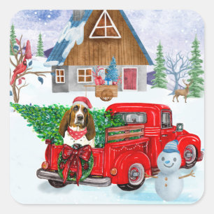 Basset Hound Hund in Weihnachtslieferwagen Schnee  Quadratischer Aufkleber