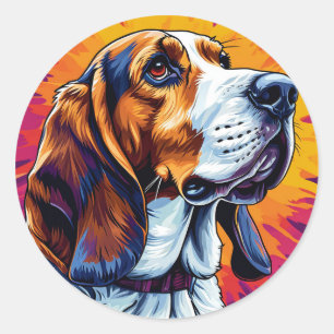Basset Hound Hund mit farbenfrohem Hintergrund Runder Aufkleber