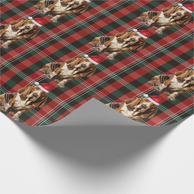 Basset Hound Hund Rot und Grün Karierte Weihnachte Geschenkpapier (Ecke)
