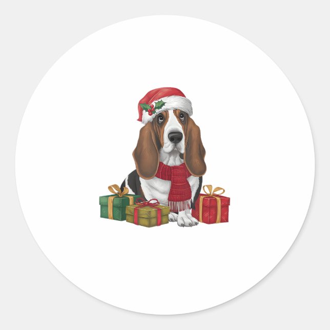 Basset Hound Hund Weihnachten Party Santa Dog Love Runder Aufkleber (Vorderseite)