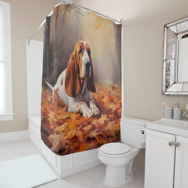 Basset Hound im Herbst Leaves Fall Inspiriert Duschvorhang (Beispiel)