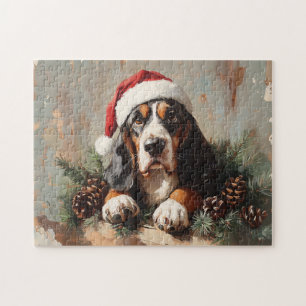 Basset Hound in einer Weihnachtsmannmütze Ölgemäld
