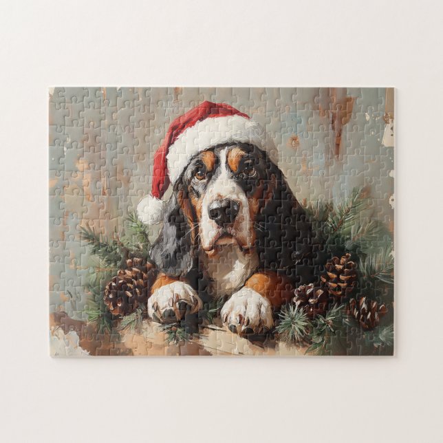 Basset Hound in einer Weihnachtsmannmütze Ölgemäld (Horizontal)