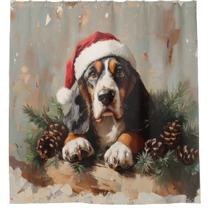 Basset Hound in einer Weihnachtsmannmütze Ölgemäld Duschvorhang