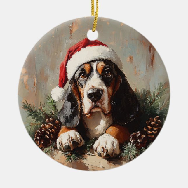 Basset Hound in einer Weihnachtsmannmütze Ölgemäld Keramik Ornament (Vorne)