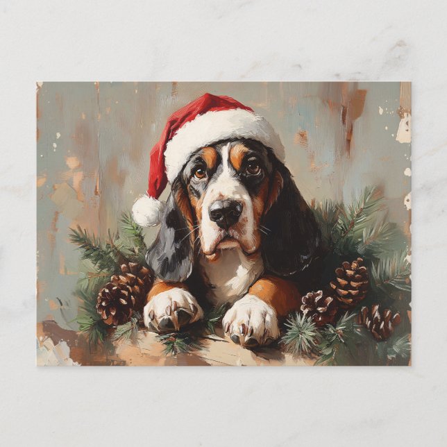 Basset Hound in einer Weihnachtsmannmütze Ölgemäld Postkarte (Vorderseite)