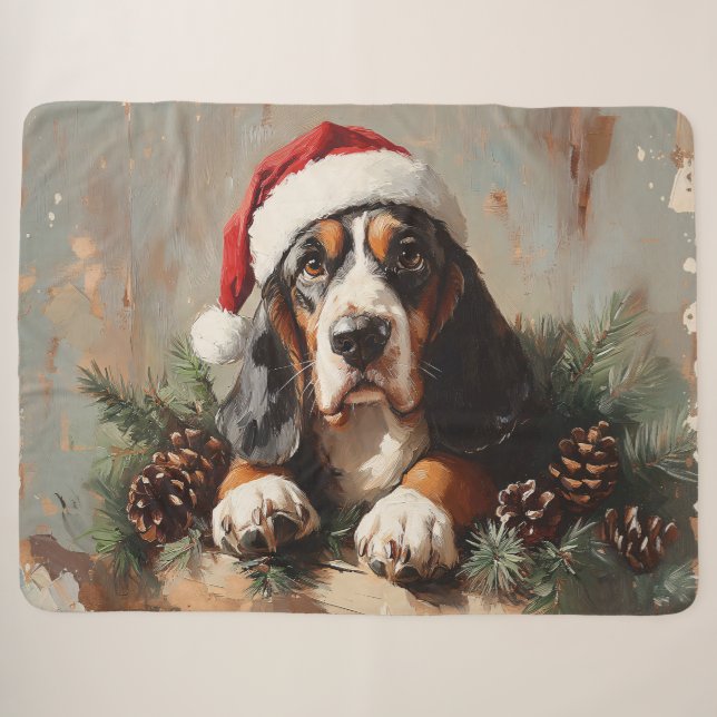 Basset Hound in einer Weihnachtsmannmütze Ölgemäld Sherpadecke (Vorderseite (Horizontal))