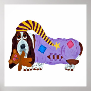 Basset Hound in Schlafanzug mit Teddybär Poster