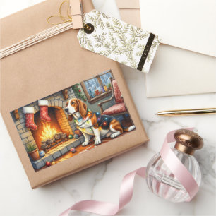 Basset Hound Kamin mit Weihnachtslichtern Rechteckiger Aufkleber