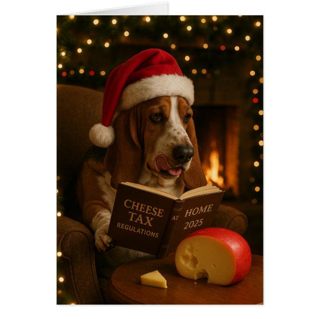 Basset Hound 'Käse-Steuer' Weihnachtskarte (Vorne)