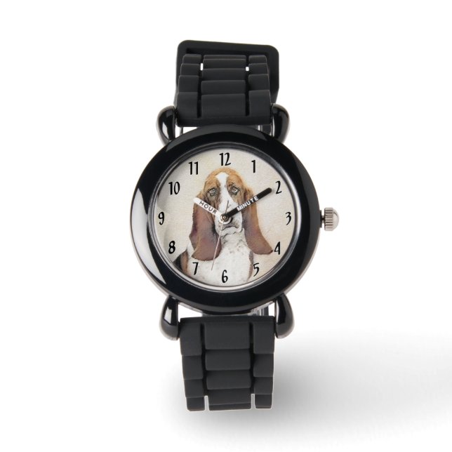 Basset Hound Malerei - Niedliche Original Hunde Ku Armbanduhr (Vorderseite)
