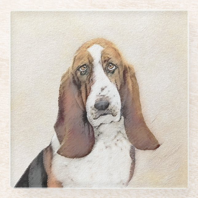 Basset Hound Malerei - Niedliche Original Hunde Ku Glasuntersetzer (Vorderseite)